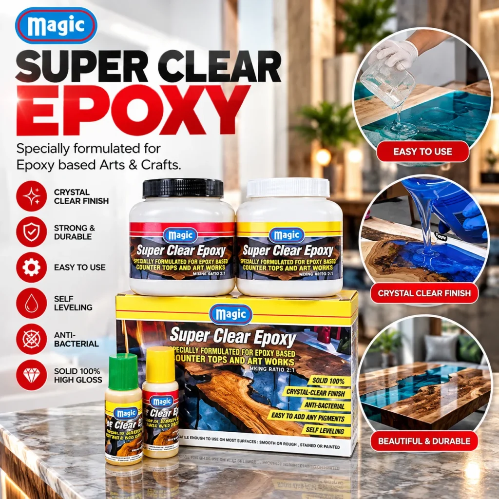 Clear epoxy resin being poured onto a live-edge wood table for a glossy river table finish.toolstationpakistan, tollstation.com