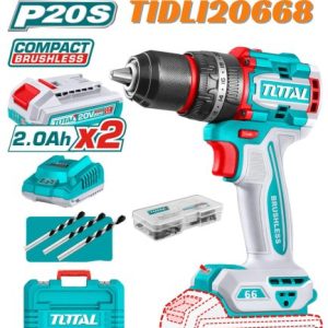 TOTAL Brushless 66 Nm Cordless Charging Drill – 20 V with 47-Piece Accessory Kit & 2 Batteries TIDLI20668
