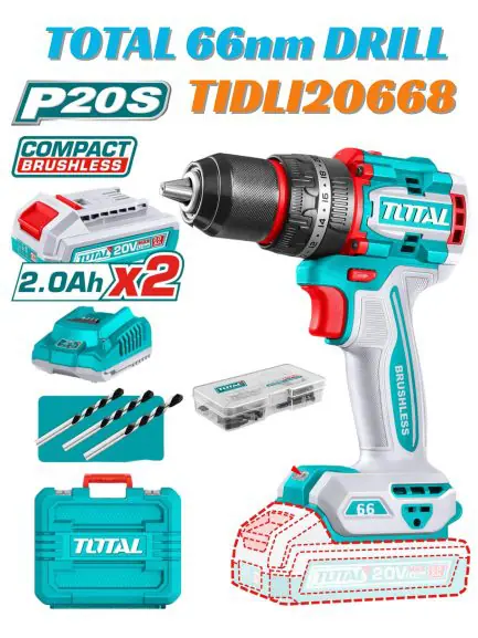 TOTAL Brushless 66 Nm Cordless Charging Drill – 20 V with 47-Piece Accessory Kit & 2 Batteries TIDLI20668