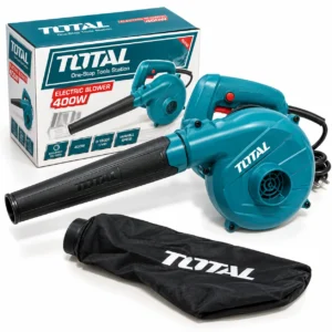 TOTAL handheld electric blower with black nozzle and dust collection bag clearing dust and debris from a concrete surfacetoolstationpakistan, toolstation.com