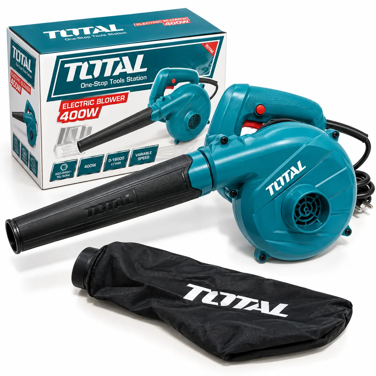 toolstationpakistan, toolstation.com TOTAL handheld electric blower with black nozzle and dust collection bag clearing dust and debris from a concrete surfacetoolstationpakistan, toolstation.com