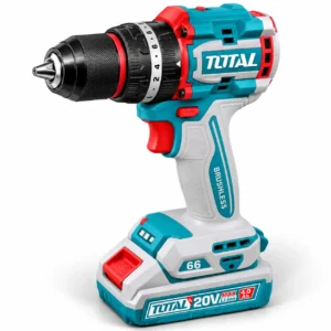 TOTAL 20V brushless cordless drill with battery, teal and red body, and ergonomic handle on a white backgroundtoolstationpakistan, toolstation.com