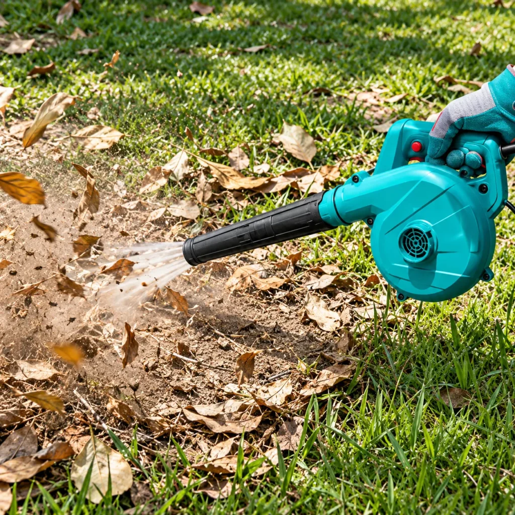TOTAL handheld electric blower with black nozzle and dust collection bag clearing dust and debris from a concrete surfacetoolstationpakistan, toolstation.com