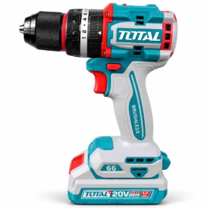 TOTAL 20V brushless cordless drill with battery, teal and red body, and ergonomic handle on a white background toolstationpakistan, toolstation.com