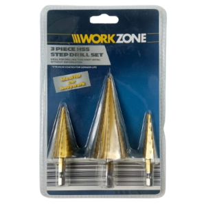 3-Piece HSS Step Drill Bit Set Workzone – Titanium Coated, Multi-Size Hole Drilling for Metal, Plastic & Wood