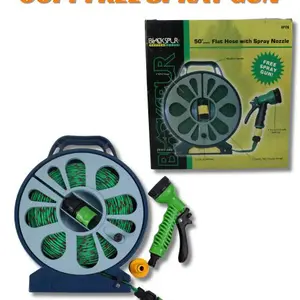 50ft Flat Garden Hose with Spray Nozzle and Reel pipe BLACKSPUR