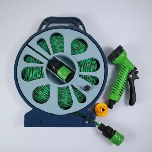50ft Flat Garden Hose with Spray Nozzle and Reel pipe BLACKSPUR