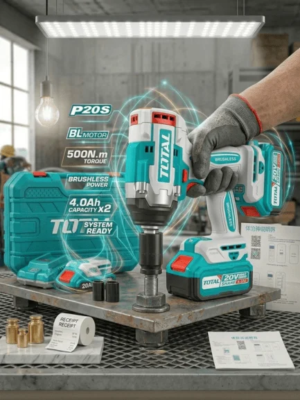 Total TIWLI2050 20V Lithium-Ion Cordless Impact Wrench - Brushless Motor, 500Nm High Torque with 2x 4.0Ah Batteries & Charger