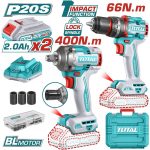 Total TCKLI20275E 20V Li-ion Combo Kit - Brushless Impact Drill (66Nm) & Impact Wrench (400Nm) with 2 Batteries & Charger