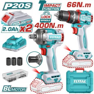 Total TCKLI20275E 20V Li-ion Combo Kit - Brushless Impact Drill (66Nm) & Impact Wrench (400Nm) with 2 Batteries & Charger
