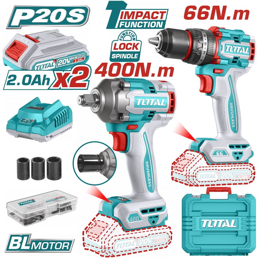 Total TCKLI20275E 20V Li-ion Combo Kit - Brushless Impact Drill (66Nm) & Impact Wrench (400Nm) with 2 Batteries & Charger