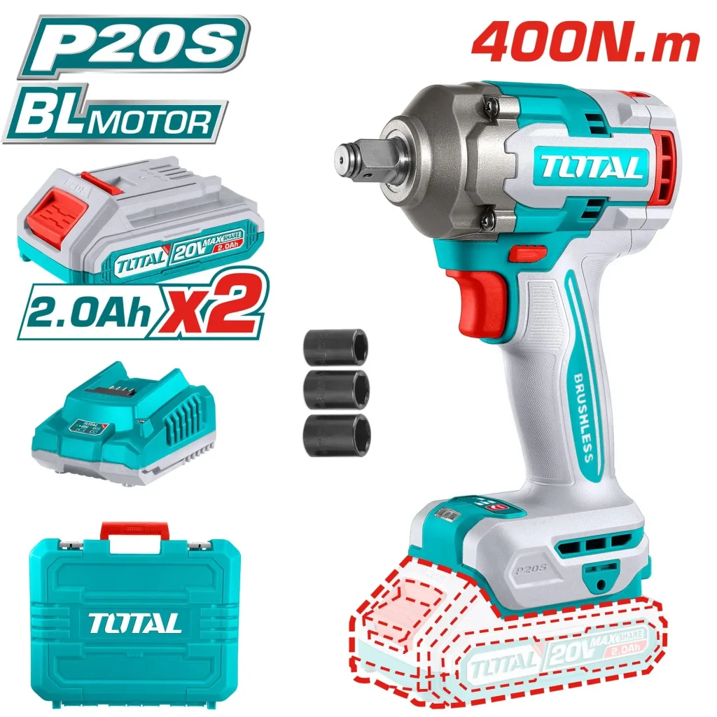 Total TIWLI2040 20V Lithium-Ion Cordless Impact Wrench - Brushless Motor, 400Nm Torque with 2x 2.0Ah Batteries & Charger