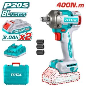 Total TIWLI2040 20V Lithium-Ion Cordless Impact Wrench - Brushless Motor, 400Nm Torque with 2x 2.0Ah Batteries & Charger