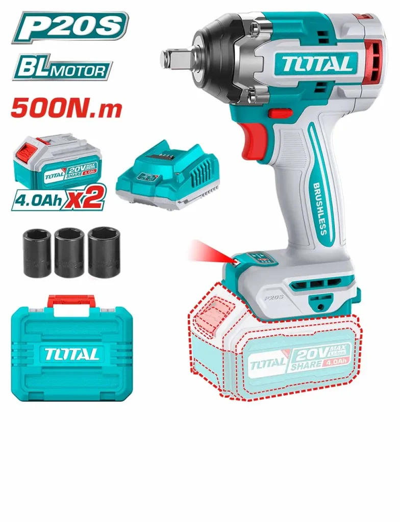Total TIWLI2050 20V Lithium-Ion Cordless Impact Wrench - Brushless Motor, 500Nm High Torque with 2x 4.0Ah Batteries & Charger