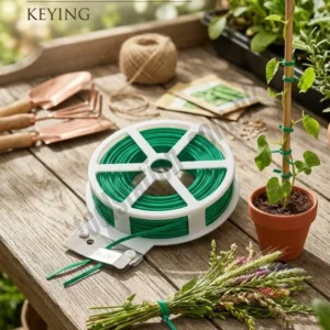 Twist Tie Reel with Built-In Metal Cutter Keying 50m Garden twist tie – Heavy Duty Green Plastic Coated Plant Supporting Wire, Cable Organizer & Bag Sealer