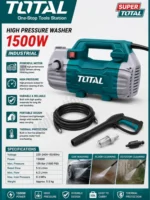 TOTAL 1500W High Pressure Washer – 100 Bar Industrial Cleaning Machine | Powerful Electric Water Sprayer for Car, Bike, and Home Cleaning