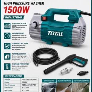 TOTAL 1500W High Pressure Washer – 100 Bar Industrial Cleaning Machine | Powerful Electric Water Sprayer for Car, Bike, and Home Cleaning