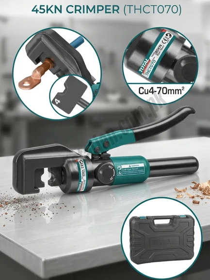 TOTAL Hydraulic Crimping Tool Model THCT070 – 45KN Force, Capacity 4-70mm² for Copper Cables | Heavy-Duty Hydraulic Cable Lug Crimper with Carrying Case TOTAL Hydraulic Crimping Tool Model THCT070 – 45KN Force, Capacity 4-70mm² for Copper Cables | Heavy-Duty Hydraulic Cable Lug Crimper with Carrying Case