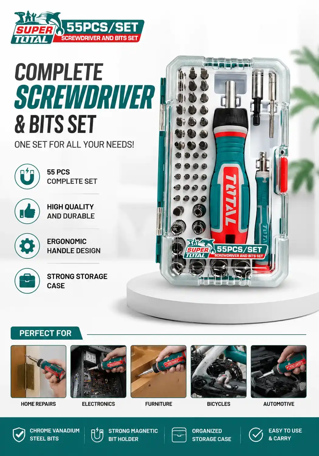 TOTAL Screwdriver and Bits 55-Piece Set TACSD30556 - Professional Multi-Purpose Hand Tool Kit with Ratchet Handle TOTAL Screwdriver and Bits 55-Piece Set TACSD30556 - Professional Multi-Purpose Hand Tool Kit with Ratchet Handle