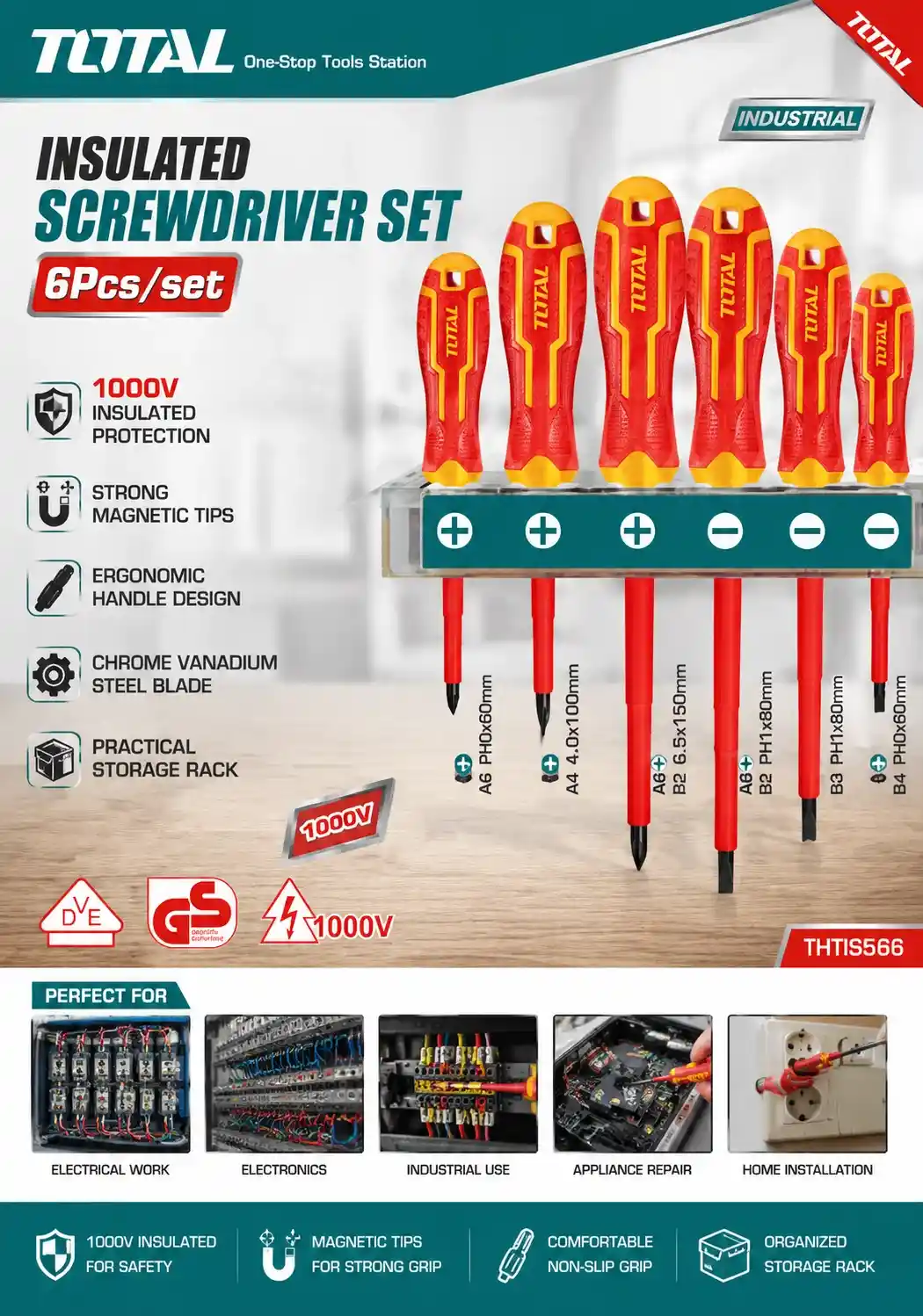 TOTAL 6-Piece Insulated Screwdriver Set THTIS566 - 1000V VDE Certified Professional Industrial Hand Tool Kit TOTAL 6-Piece Insulated Screwdriver Set THTIS566 - 1000V VDE Certified Professional Industrial Hand Tool Kit