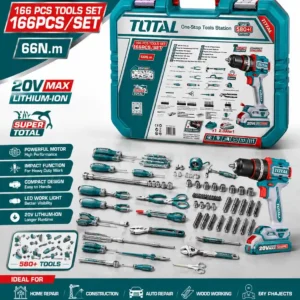 TOTAL 166-Piece Professional Tool Set with 20V Cordless Impact Drill - Complete Home & Industrial Repair Kit THKTHP41667