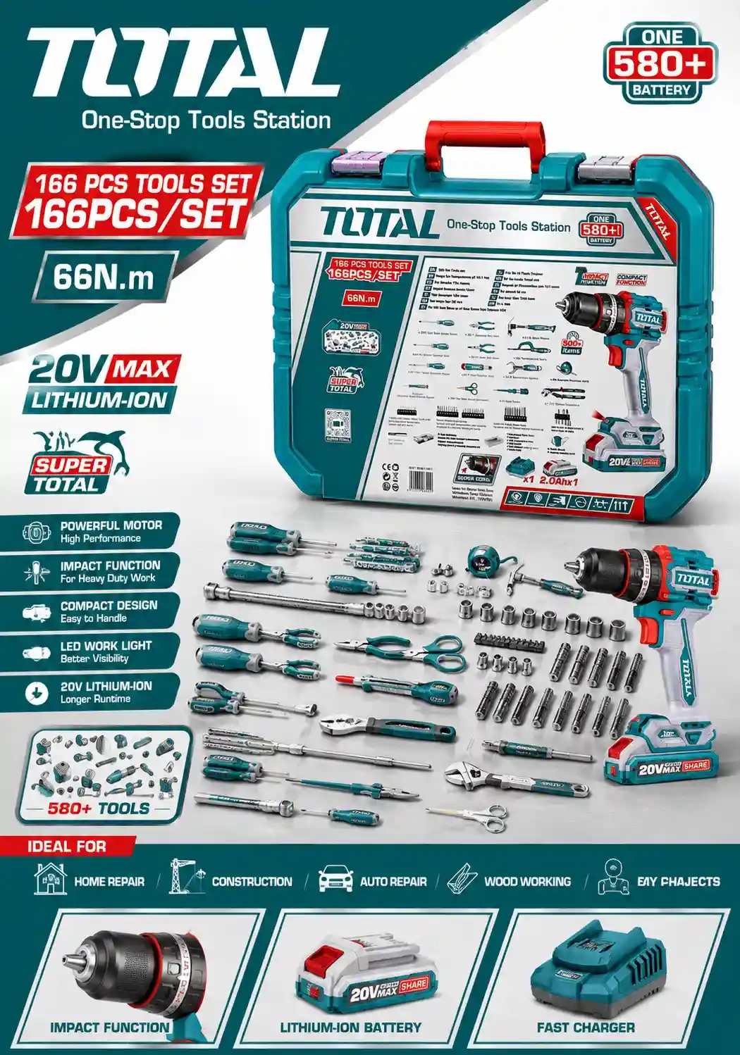 TOTAL 166-Piece Professional Tool Set with 20V Cordless Impact Drill - Complete Home & Industrial Repair Kit THKTHP41667 TOTAL 166-Piece Professional Tool Set with 20V Cordless Impact Drill - Complete Home & Industrial Repair Kit THKTHP41667