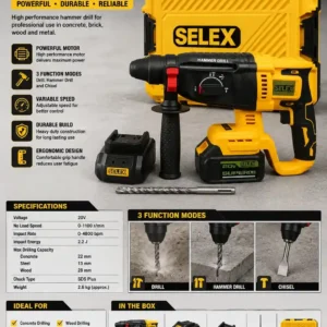 SELEX 20V Cordless Hammer Drill - Professional Rotary Hammer with 2 Batteries and Heavy-Duty Carrying Case