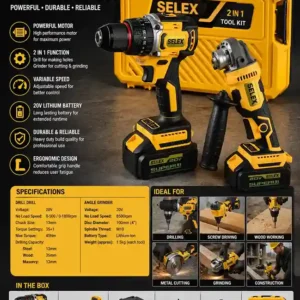 SELEX 20V Cordless Brushless Combo Kit - Professional Drill Driver & Angle Grinder Set with Super Li-Ion Batteries