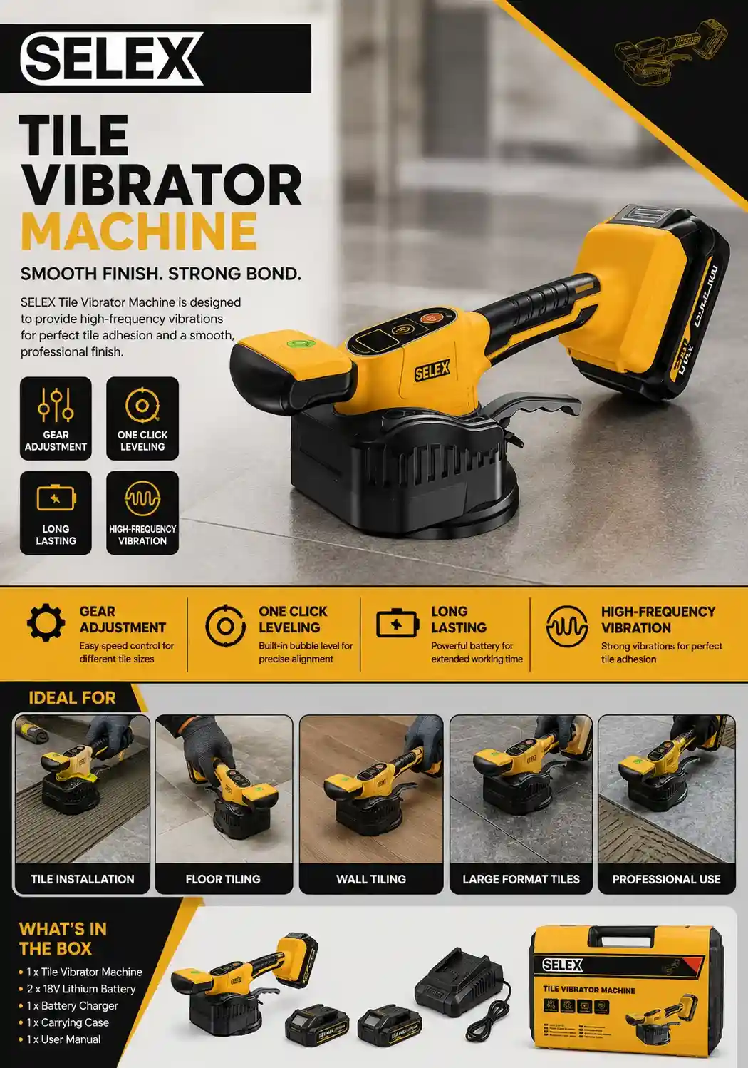 SELEX Tile Vibrator Machine - Professional Tile Leveling Tool with High-Frequency Vibration and Gear Adjustment SELEX Tile Vibrator Machine - Professional Tile Leveling Tool with High-Frequency Vibration and Gear Adjustment
