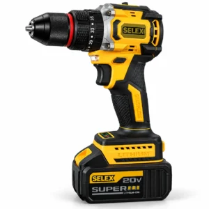 SELEX 20V cordless drill and angle grinder combo kit with two batteries, charger, side handle, and grinder guard on a white background toolstationpakistan, toolstation.com