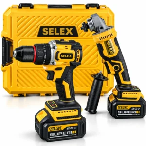 SELEX 20V cordless drill and angle grinder combo kit with two batteries, charger, side handle, and grinder guard on a white backgroundtoolstationpakistan, toolstation.com