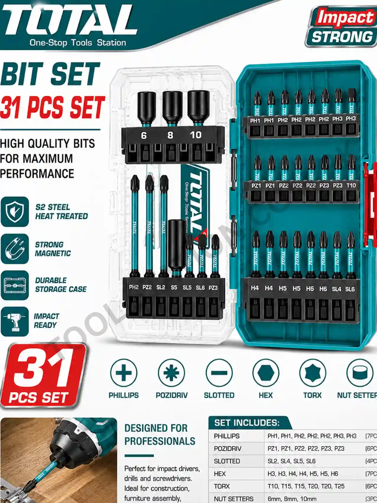TOTAL 31-Piece Impact Bit Set - S2 Steel Heat Treated Professional Screwdriver Bits with Magnetic Holder TACSDL11306 TOTAL 31-Piece Impact Bit Set - S2 Steel Heat Treated Professional Screwdriver Bits with Magnetic Holder TACSDL11306