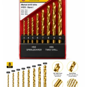 COMMER 8-Piece HSS Metal Drill Bit Set - High-Speed Steel Twist Drill Bits for Metal Drilling