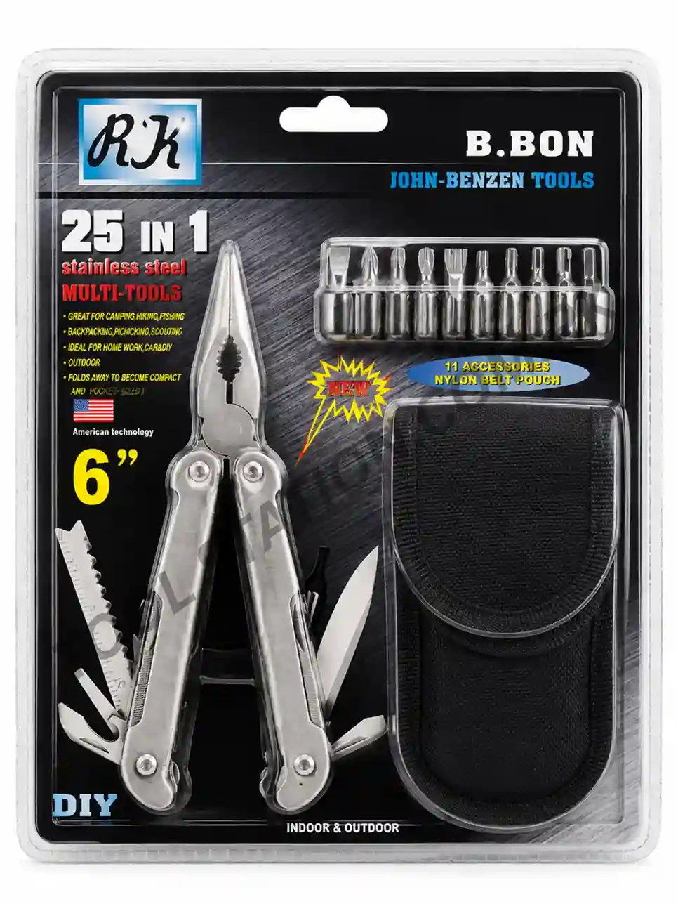 25-in-1 Stainless Steel Multi-Tool - 6-Inch Folding Pliers and Survival Kit with Nylon Pouch RK B.BON John-Benzen 25-in-1 Stainless Steel Multi-Tool - 6-Inch Folding Pliers and Survival Kit with Nylon Pouch RK B.BON John-Benzen