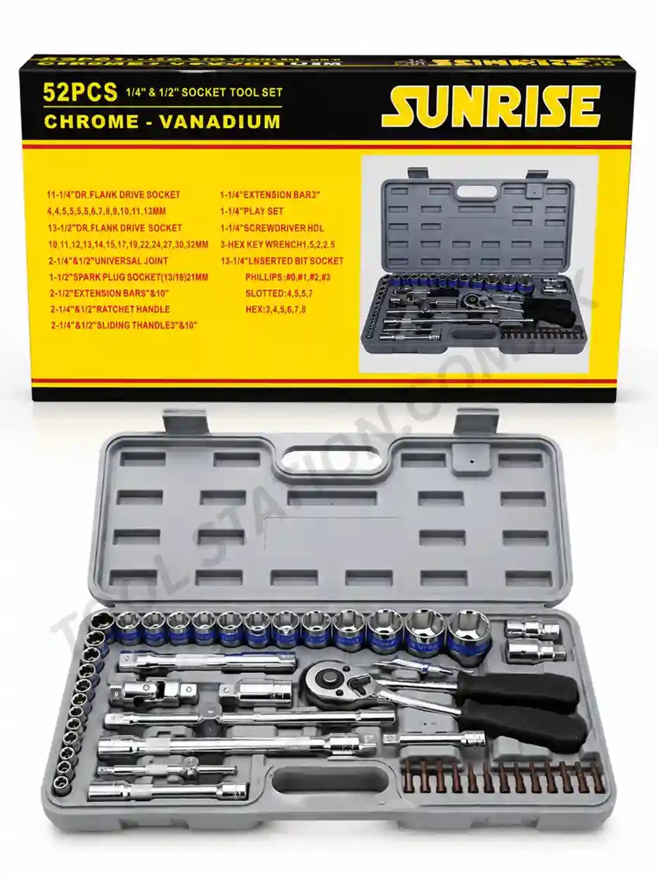 SUNRISE 52-Piece 1/4" & 1/2" Socket Tool Set - Chrome Vanadium Professional Mechanic Hand Tool Kit SUNRISE 52-Piece 1/4" & 1/2" Socket Tool Set - Chrome Vanadium Professional Mechanic Hand Tool Kit