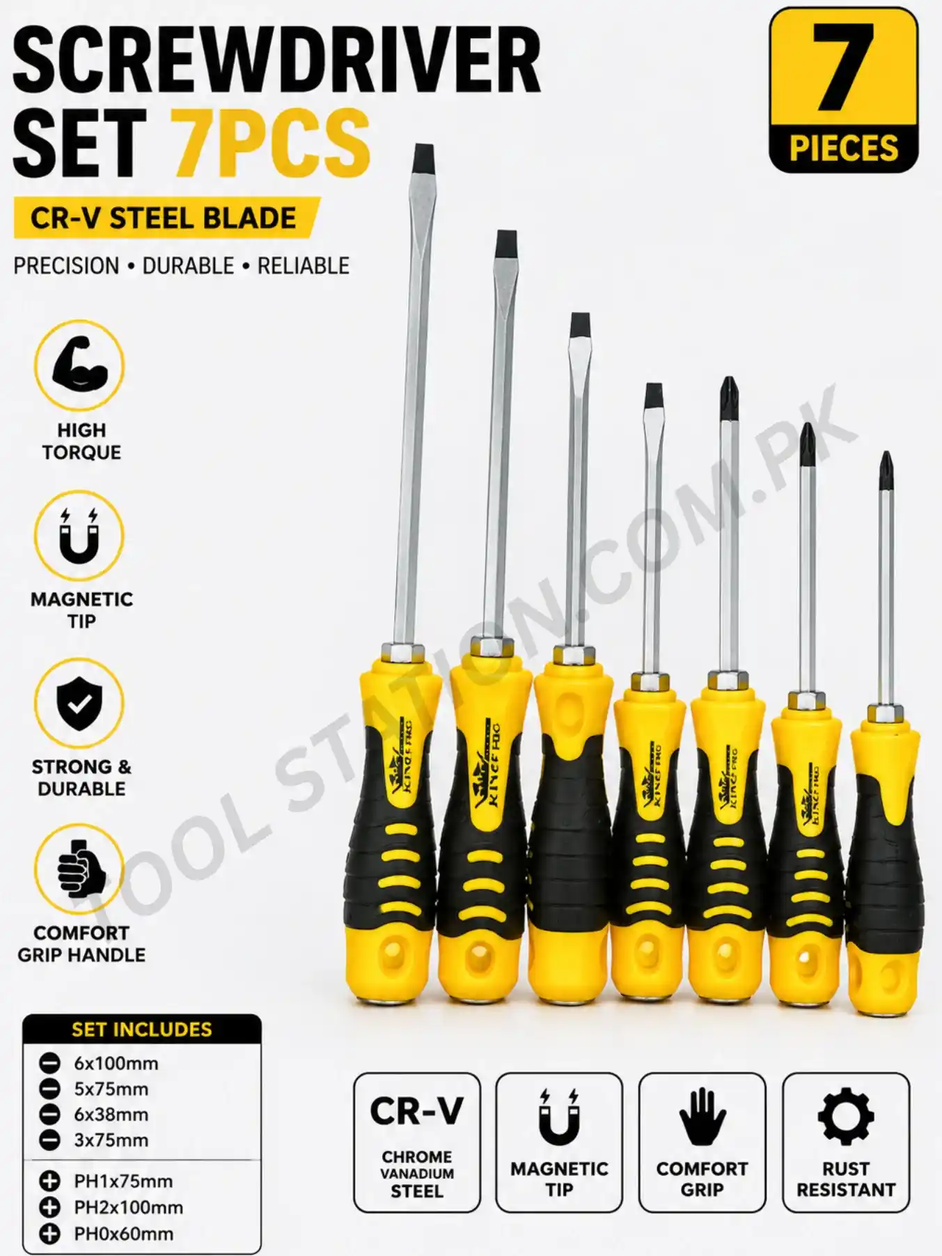 KING PRO Screwdriver 7pcs Set - Professional Heavy-Duty Slotted and Phillips Hand Tools with Ergonomic Non-Slip Handles KING PRO Screwdriver 7pcs Set - Professional Heavy-Duty Slotted and Phillips Hand Tools with Ergonomic Non-Slip Handles