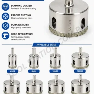 Diamond Coated Hole Saw Drill Bit - High Quality Core Drill Tool for Tile, Glass, Marble, and Ceramic Multiple Sizes