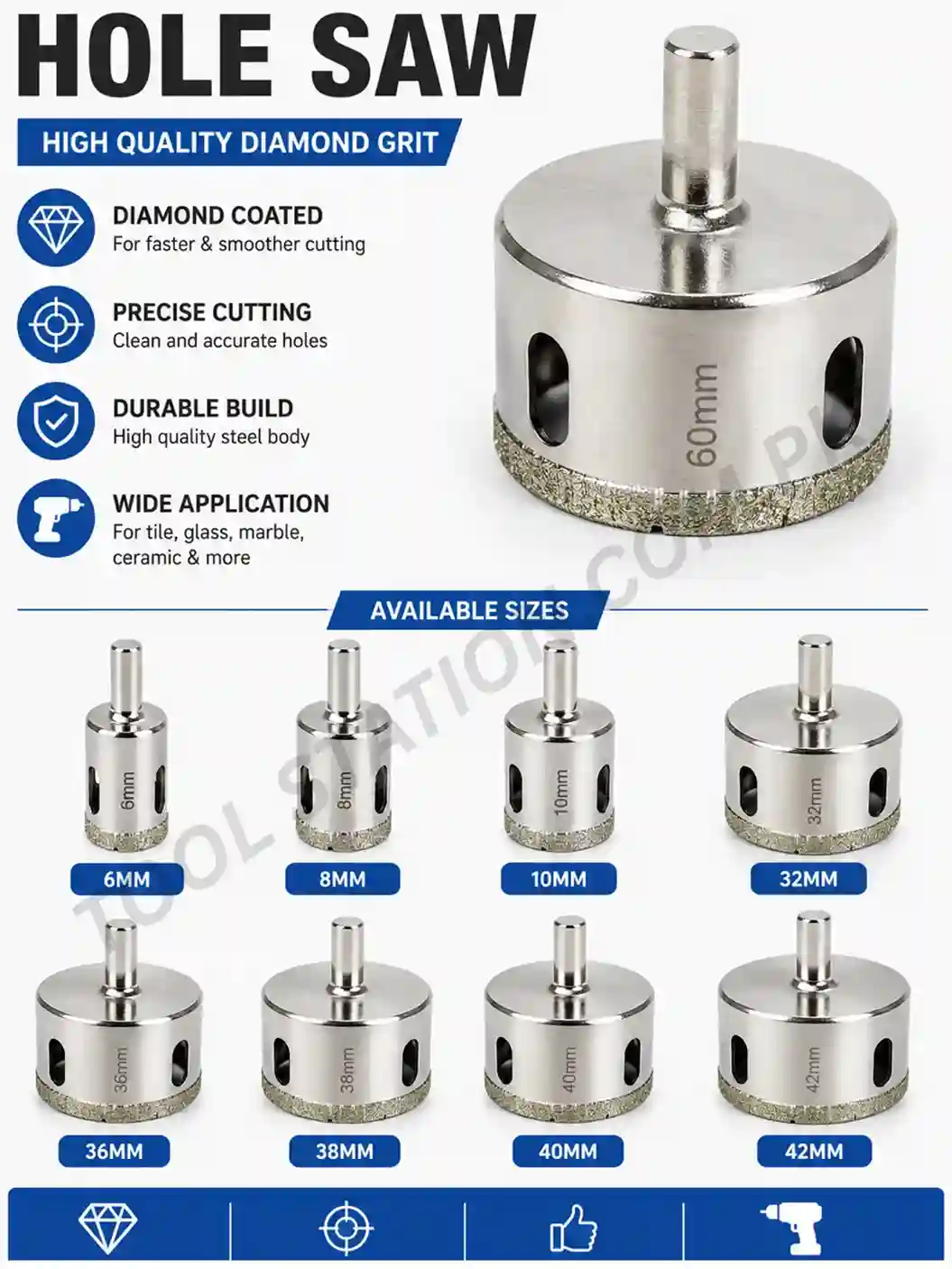 Diamond Coated Hole Saw Drill Bit - High Quality Core Drill Tool for Tile, Glass, Marble, and Ceramic Multiple Sizes Diamond Coated Hole Saw Drill Bit - High Quality Core Drill Tool for Tile, Glass, Marble, and Ceramic Multiple Sizes