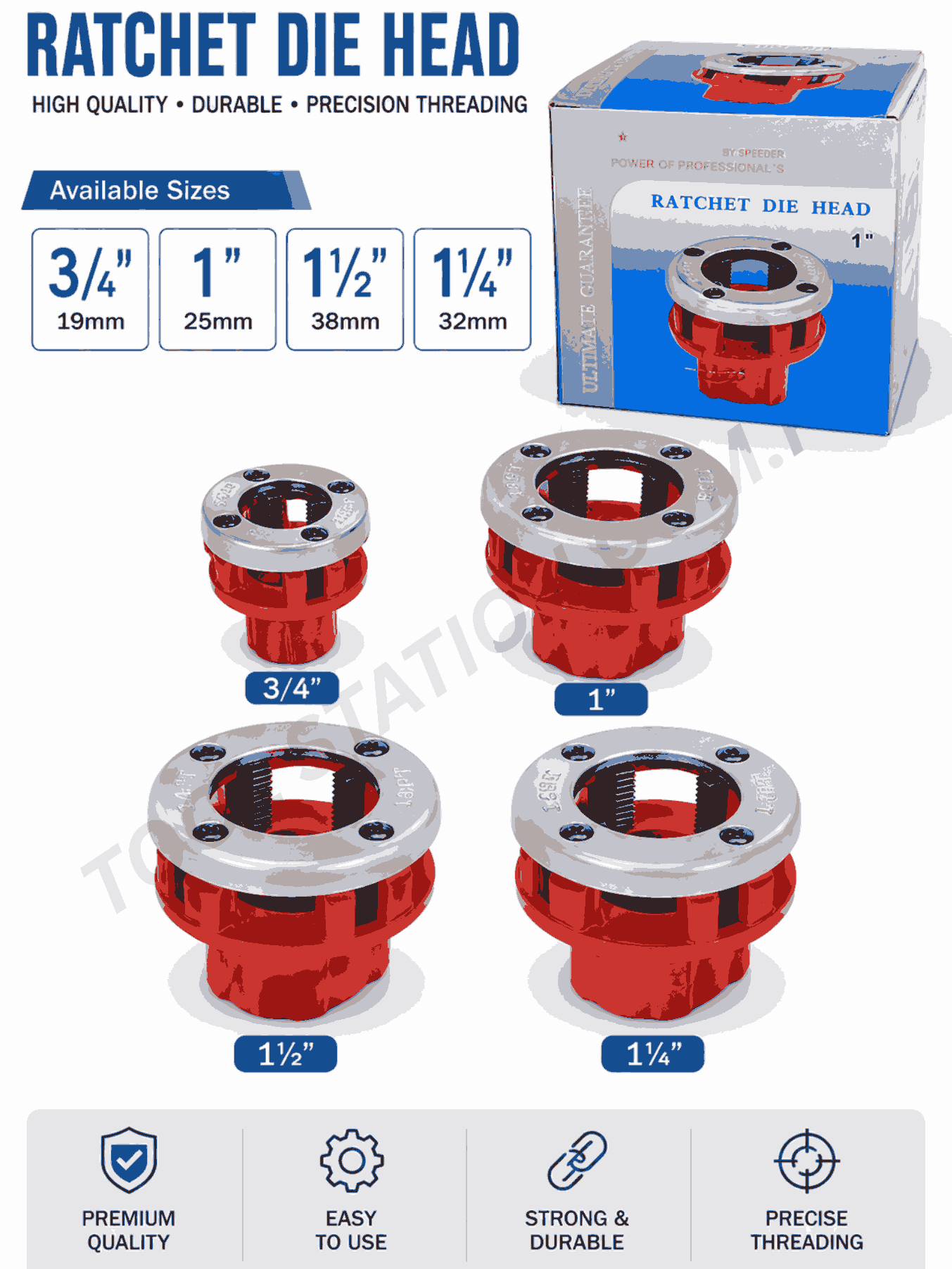 Ratchet Die Head Threading Tool Set - High Quality Pipe Threader Dies Available in 3/4", 1", 1-1/4", and 1-1/2" Sizes Ratchet Die Head Threading Tool Set - High Quality Pipe Threader Dies Available in 3/4", 1", 1-1/4", and 1-1/2" Sizes