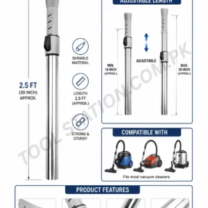 Vacuum Cleaner Adjustable Extension Tube - 2.5 FT (18 to 30) Telescopic Replacement Wand Pipe with Universal Connector and Chrome Finish