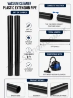 Vacuum Cleaner Plastic Extension Pipe - Set of 2 Interlocking Tubes 3 FT Total Length Lightweight Universal Fit Replacement Wands