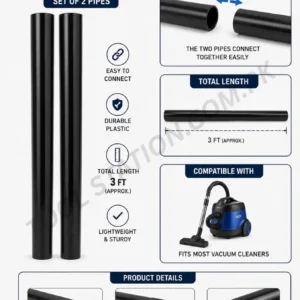 Vacuum Cleaner Plastic Extension Pipe - Set of 2 Interlocking Tubes 3 FT Total Length Lightweight Universal Fit Replacement Wands