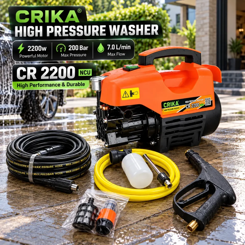 CRIKA CR 2200 high pressure washer with spray gun, high pressure hose, foam bottle, yellow water hose and cleaning accessoriestoolstationpakistan, toolstatin.com