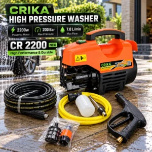 CRIKA CR 2200 high pressure washer with spray gun, high pressure hose, foam bottle, yellow water hose and cleaning accessoriestoolstationpakistan, toolstatin.com