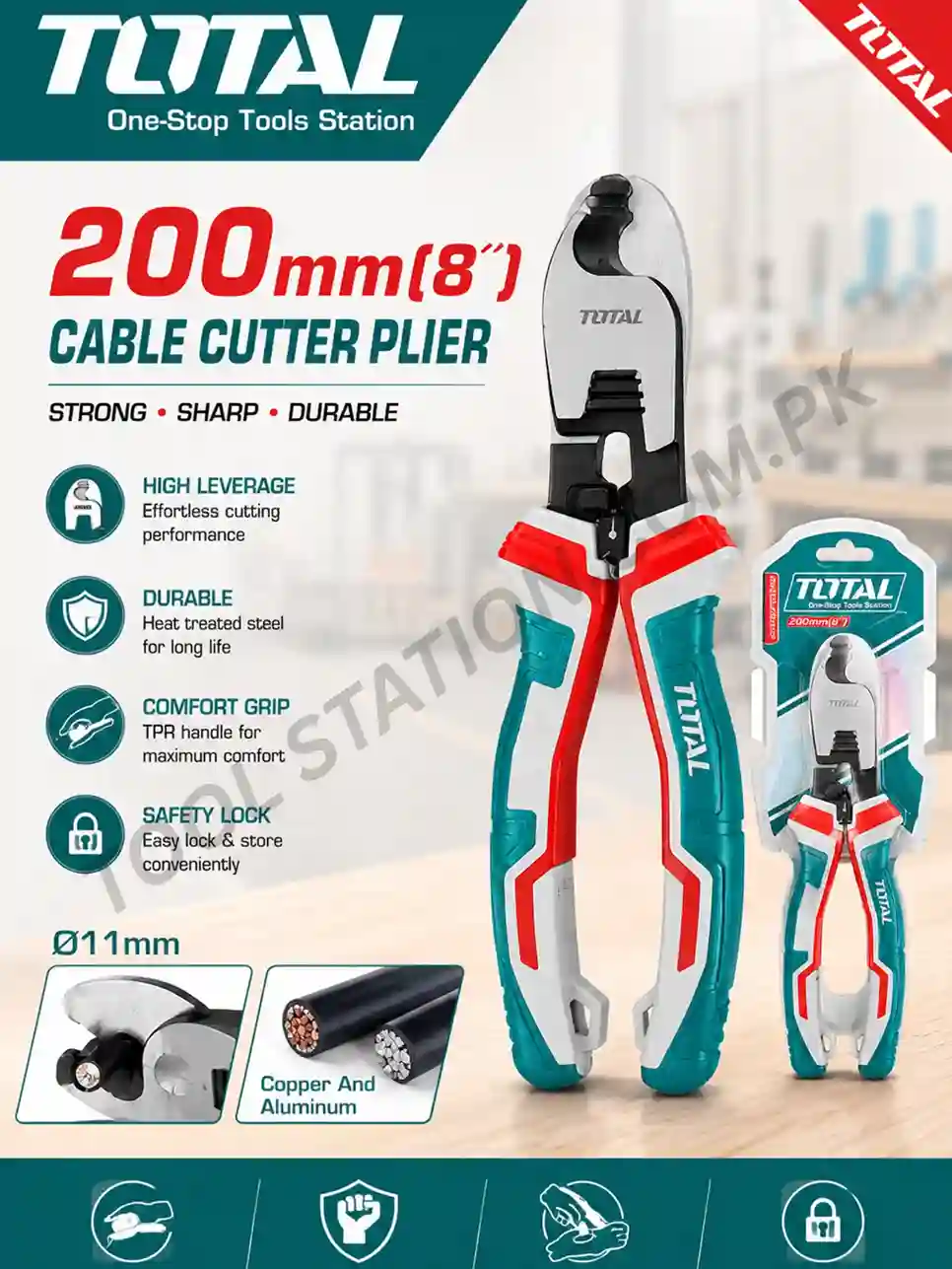 TOTAL Cable Cutter Plier 200mm 8 inch - Professional Heavy Duty Wire and Cable Cutting Tool for Copper and Aluminum with High Leverage and Comfort TPR Handle THT11581 TOTAL Cable Cutter Plier 200mm 8 inch - Professional Heavy Duty Wire and Cable Cutting Tool for Copper and Aluminum with High Leverage and Comfort TPR Handle THT11581
