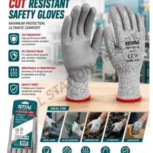 TOTAL Cut Resistant Safety Gloves - High-Performance HPPE & PU Coated Palm Protection Gloves with Breathable Seamless Knit for Metal Work, Glass Handling, and Construction Model TSP1702 XL