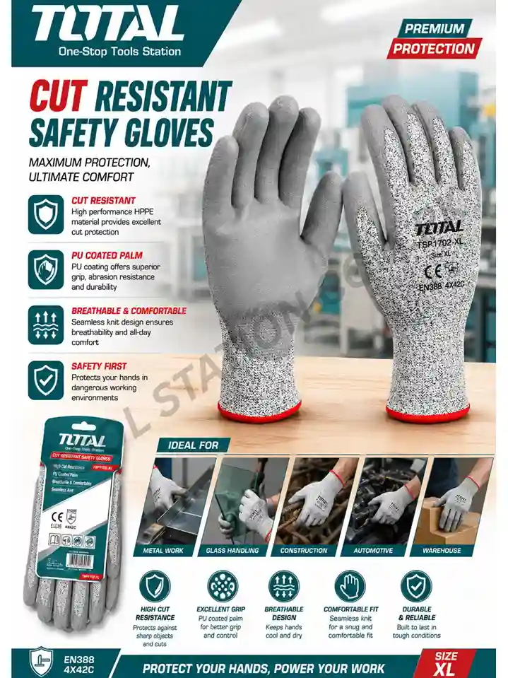 TOTAL Cut Resistant Safety Gloves - High-Performance HPPE & PU Coated Palm Protection Gloves with Breathable Seamless Knit for Metal Work, Glass Handling, and Construction Model TSP1702 XL TOTAL Cut Resistant Safety Gloves - High-Performance HPPE & PU Coated Palm Protection Gloves with Breathable Seamless Knit for Metal Work, Glass Handling, and Construction Model TSP1702 XL