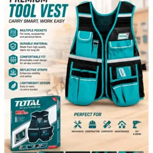 TOTAL Premium Tool Vest - Professional Multi-Pocket Workwear Vest with Breathable Mesh, Reflective Safety Strips, and Adjustable Fit for Mechanics, Construction, and Carpentry Model TTVT1801