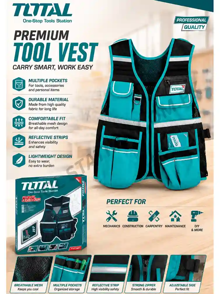 TOTAL Premium Tool Vest - Professional Multi-Pocket Workwear Vest with Breathable Mesh, Reflective Safety Strips, and Adjustable Fit for Mechanics, Construction, and Carpentry Model TTVT1801 TOTAL Premium Tool Vest - Professional Multi-Pocket Workwear Vest with Breathable Mesh, Reflective Safety Strips, and Adjustable Fit for Mechanics, Construction, and Carpentry Model TTVT1801