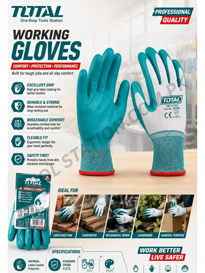TOTAL Professional Gloves - Latex Coated Safety Gloves with High-Grip, Breathable Seamless Liner, and Abrasion Resistance for Construction, Carpentry, and Gardening Model TSP12102 TOTAL Professional Gloves - Latex Coated Safety Gloves with High-Grip, Breathable Seamless Liner, and Abrasion Resistance for Construction, Carpentry, and Gardening Model TSP12102